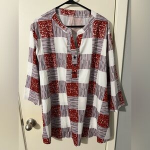 Women's Plus Size 3/4 Sleeve Casual Notch Neck Plaid Print Top